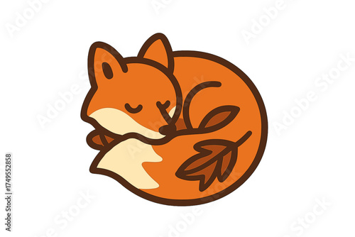 Orange fox curled up sleeping in a cozy ball with stylized autumn leaf design
