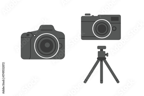 Modern digital cameras and compact tripod stand for photography and videography