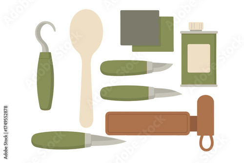 Wood carving and whittling tools set with hook knife, straight knives, spoon blank, oil, and strop