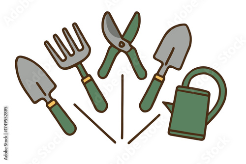 Essential gardening tools set including hand trowel, fork, pruning shears, and watering can