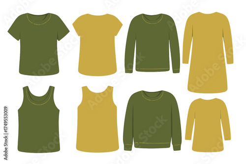 Blank casual clothing templates set including t-shirts, tank tops, long-sleeve tops, and dresses