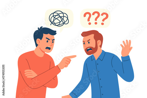Two angry men arguing and pointing fingers during a heated conflict with speech bubbles showing confusion