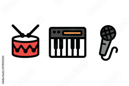 Set of colorful music equipment symbols: drum, synthesizer keyboard, and microphone