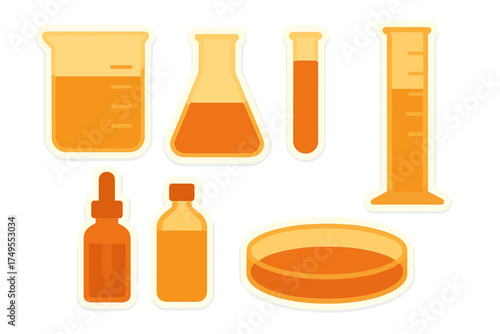 Essential laboratory glassware and chemical containers with orange liquid