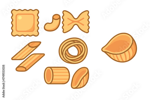 Assortment of traditional Italian pasta shapes like penne, farfalle, ravioli, and rigatoni