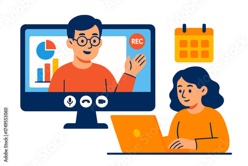 Business professional attending a virtual meeting where a colleague presents financial data and graphs on a computer monitor