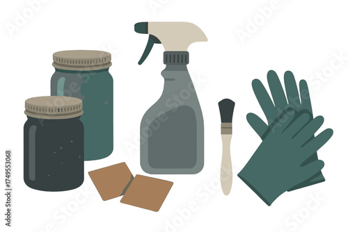 Assortment of cleaning and maintenance equipment featuring spray bottle, protective gloves, jars, and brush