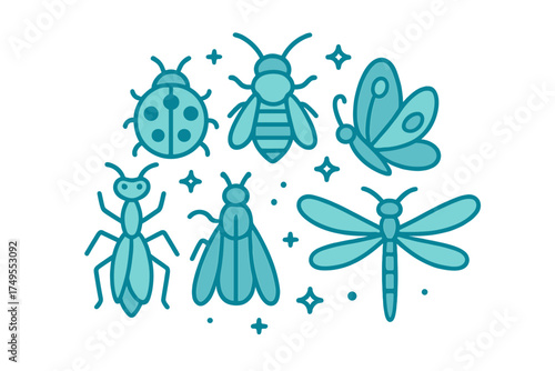 Minimalist blue icons representing common garden bugs and flying insects collection