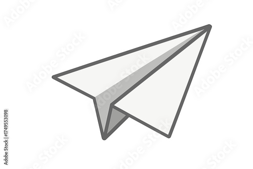 Classic white paper airplane with gray outlines and shading isolated on white