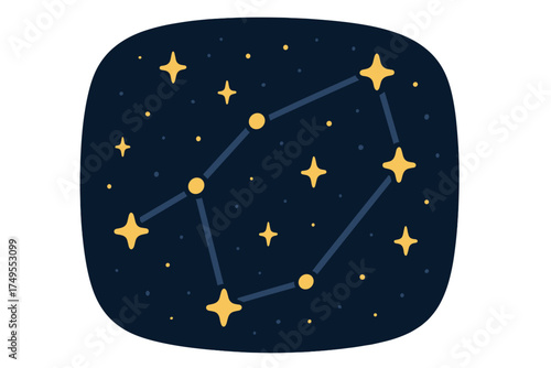 Stylized bright constellation pattern with twinkling stars in the dark night sky