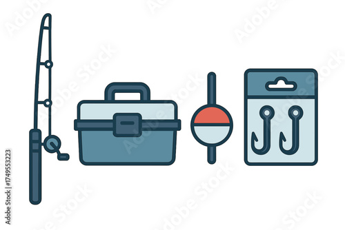 Essential fishing equipment set with rod, reel, tackle box, bobber, and hooks