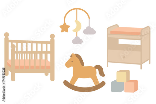 Essential baby nursery furniture and toys set including crib changing table rocking horse and mobile
