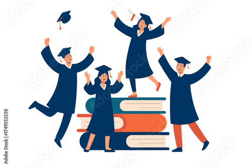 Group of diverse students celebrating graduation success jumping happily near a large stack of textbooks