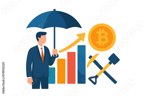 Businessman holding an umbrella over a rising financial graph and digital coin