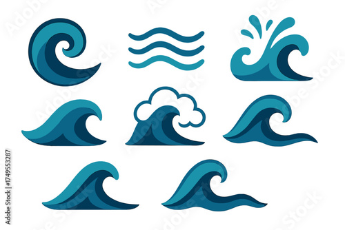 Various blue ocean wave symbols and icons for nautical and marine design