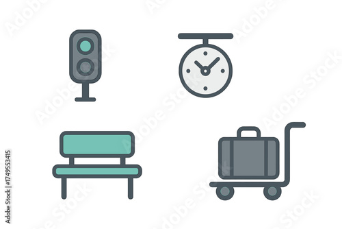 Set of travel and transportation icons including traffic light, clock, waiting bench, and luggage cart