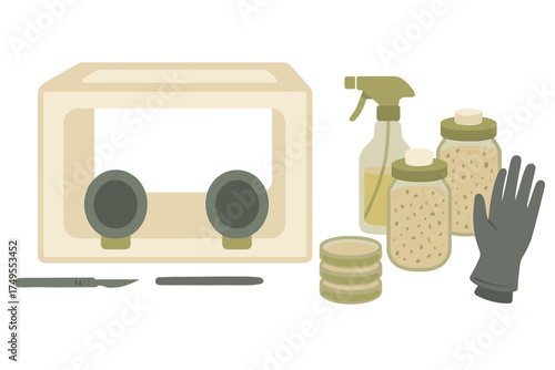 Sterile laboratory equipment setup for mycology cultivation including a glove box and substrate jars