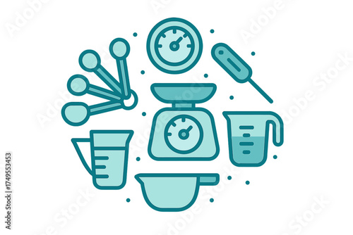 Culinary measurement instruments set featuring kitchen scale measuring spoons and cups