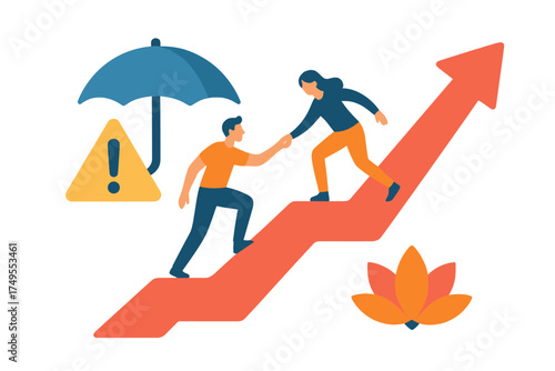 Business partners helping each other climb a growing financial chart arrow under risk protection