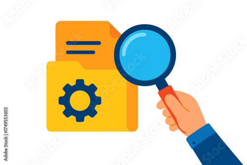 Hand holding a magnifying glass searching through digital files and system settings represented by folder and gear icons