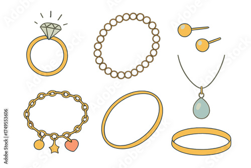 Set of luxury golden accessories featuring rings, bracelets, earrings, and a pendant necklace