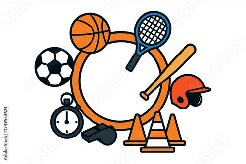 Collection of various sports equipment and accessories surrounding a circular frame