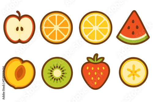 Colorful stylized collection of fresh fruit slices and whole fruits isolated on white