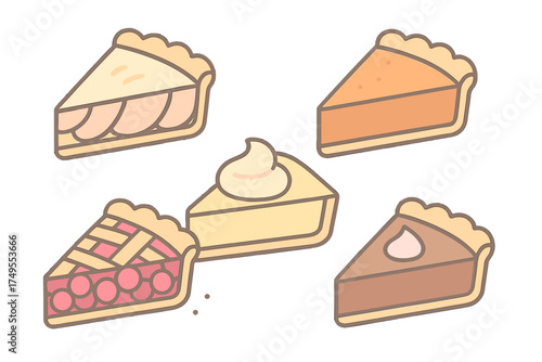 Collection of five sweet dessert pie slices including fruit, pumpkin, and cream flavors