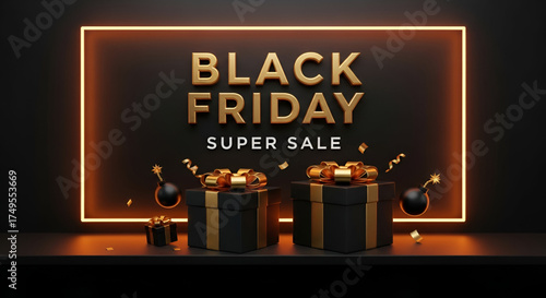 ​A dynamic and eye catching three dimensional composition with a glowing neon frame illuminating the Black Friday Super Sale text and elegant wrapped gift boxes on a dark background.
