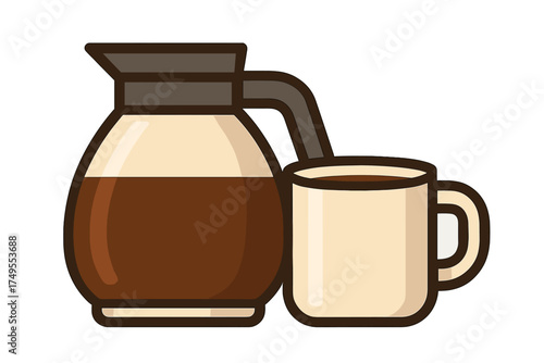 Freshly brewed coffee in a glass pot next to a ceramic cup ready to be served