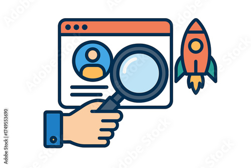Hand holding magnifying glass searching user profile on browser next to launching rocket