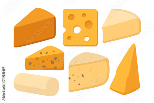 Collection of various dairy food items including different types of cheese wedges and blocks