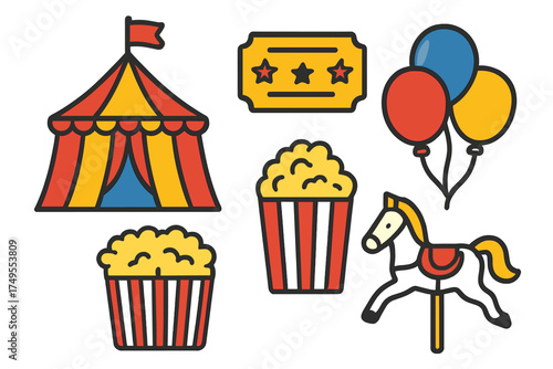 Classic carnival and circus elements: big top tent, admission ticket, popcorn, and carousel horse