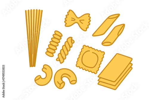 Assortment of dry Italian pasta shapes including spaghetti farfalle penne and ravioli
