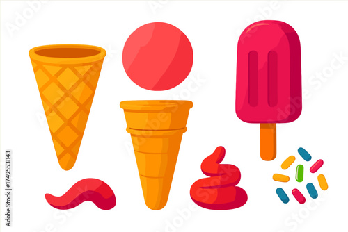 Colorful collection of ice cream components including waffle cones, popsicle, scoop, and sweet sprinkles