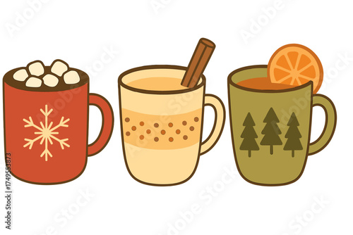 Cozy winter drinks set featuring hot chocolate, spiced eggnog, and warm cider in decorative mugs