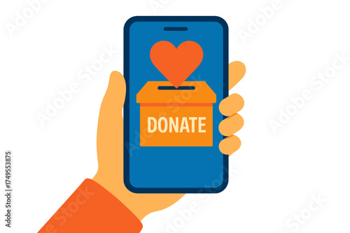 Hand holding smartphone displaying online donation box with heart symbol for charity
