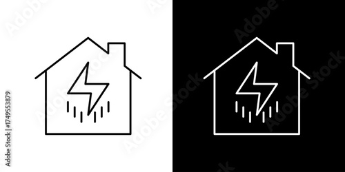 Electricity and stormy weather symbols icon for home protection, house with lightning and rain