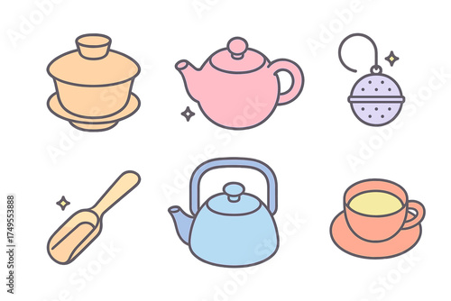 Collection of pastel colored teapots, kettles, cups, and accessories for traditional tea brewing