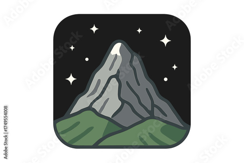 Tall rocky mountain surrounded by grassy slopes beneath a starry midnight sky