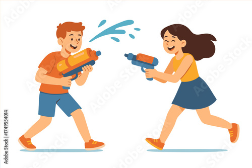 Cheerful children running and splashing water during a fun summer water gun fight