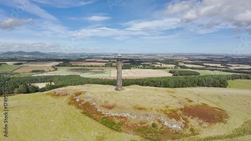 Waterloo Monument over Scottish fields and farms from a drone, Jedburgh, Scotland, UK