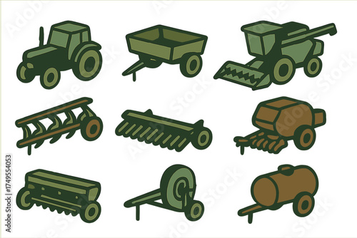 Set of agricultural machinery icons including tractor, combine harvester, plow, and farming equipment