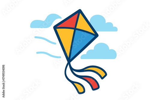 Brightly colored diamond kite soaring high in the blue sky surrounded by fluffy clouds and wind lines