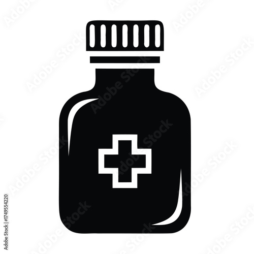 Black medicine bottle with white cross pill bottle