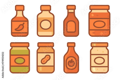 Collection of various kitchen condiments and spreads in stylized jars and bottles
