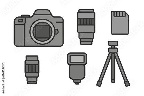 Professional photography equipment set featuring camera body lenses flash tripod and memory card