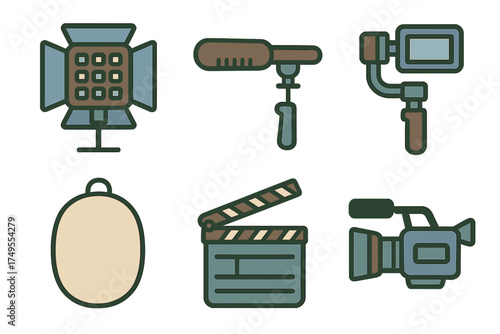 Essential tools for filmmaking and video production: camera, light, microphone, clapperboard