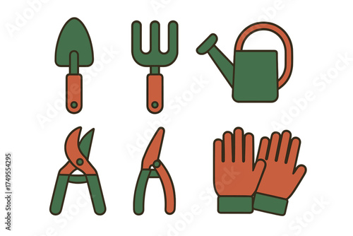 Essential gardening tools collection featuring trowel, hand fork, watering can, pruning shears, and protective gloves