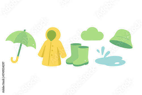 Yellow raincoat, green umbrella, rubber boots, and splashing puddle set for rainy weather